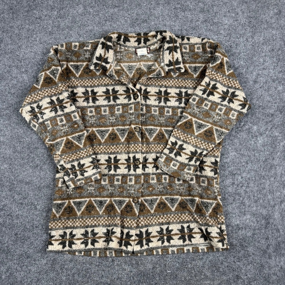Cenza Jacket Womens Size L Brown Tribal Geometric Fleece Button Up Made in USA